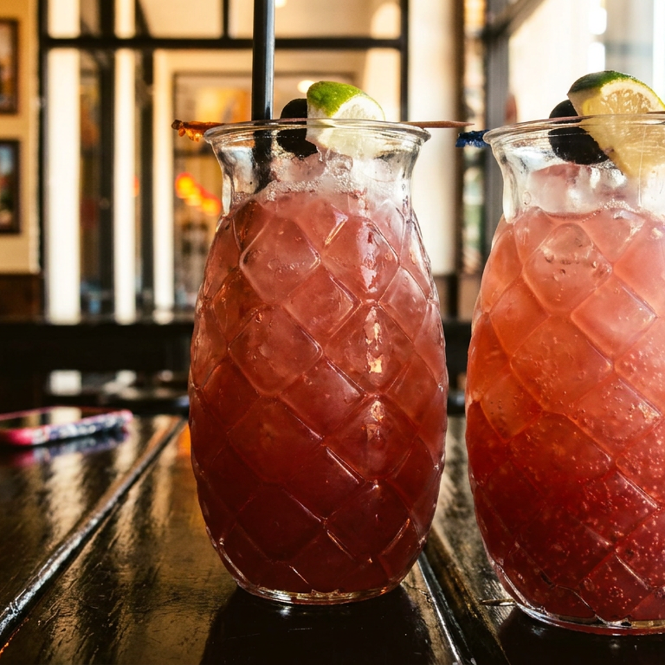 Two iced pink-red cocktails in textured glasses, garnished with lime and lemon, sit on a polished restaurant table.