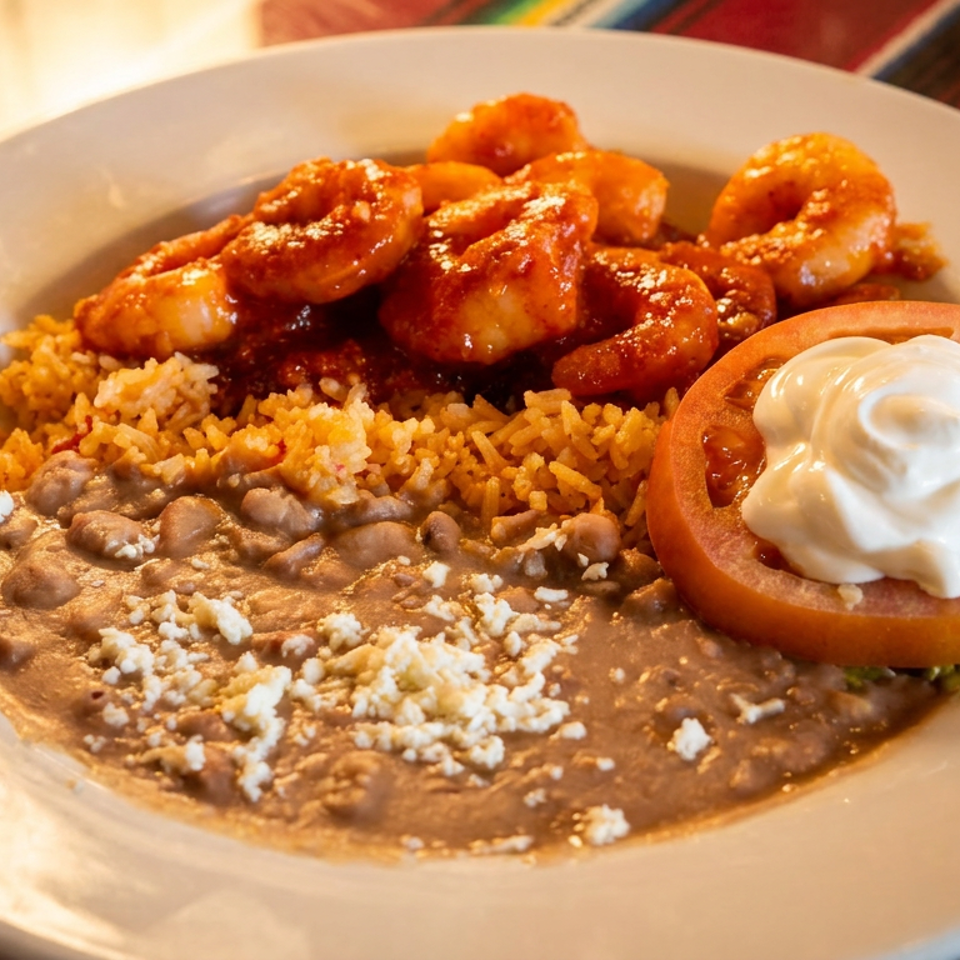 Mexican-style plate featuring saucy shrimp, seasoned rice, refried beans with cheese, and tomato topped with sour cream.