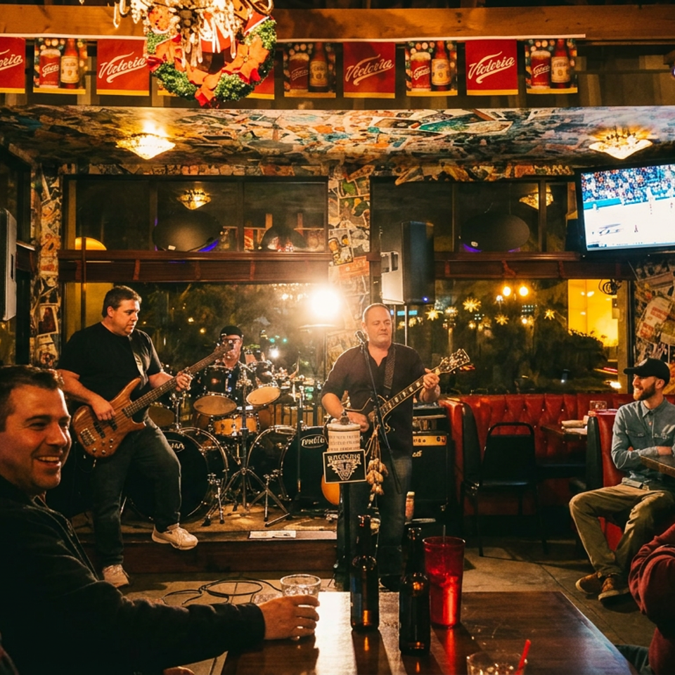 Live band performs in a warmly lit, decorated bar while patrons sit around tables and watch.
