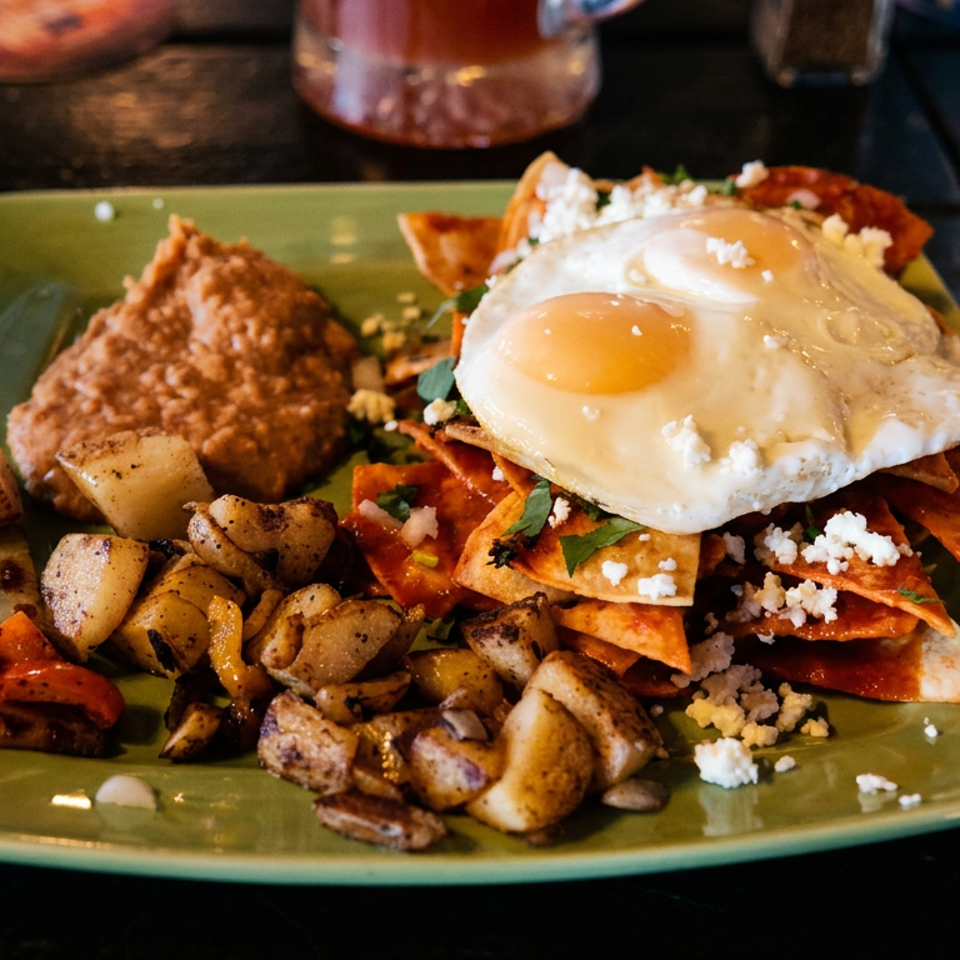 Breakfast plate with sunny-side-up eggs, crispy nachos, refried beans, and seasoned roasted potatoes on a green dish.
