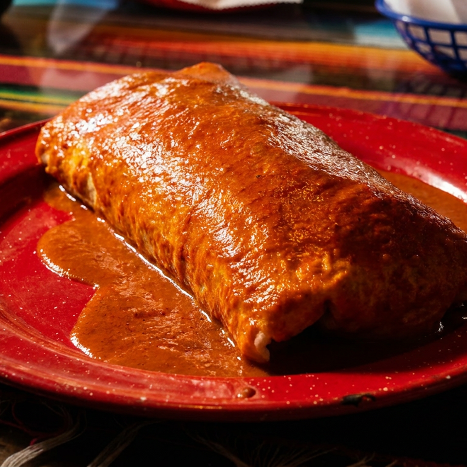 Large golden-brown enchilada covered in glossy red sauce, served on a red plate atop a colorful woven tablecloth.