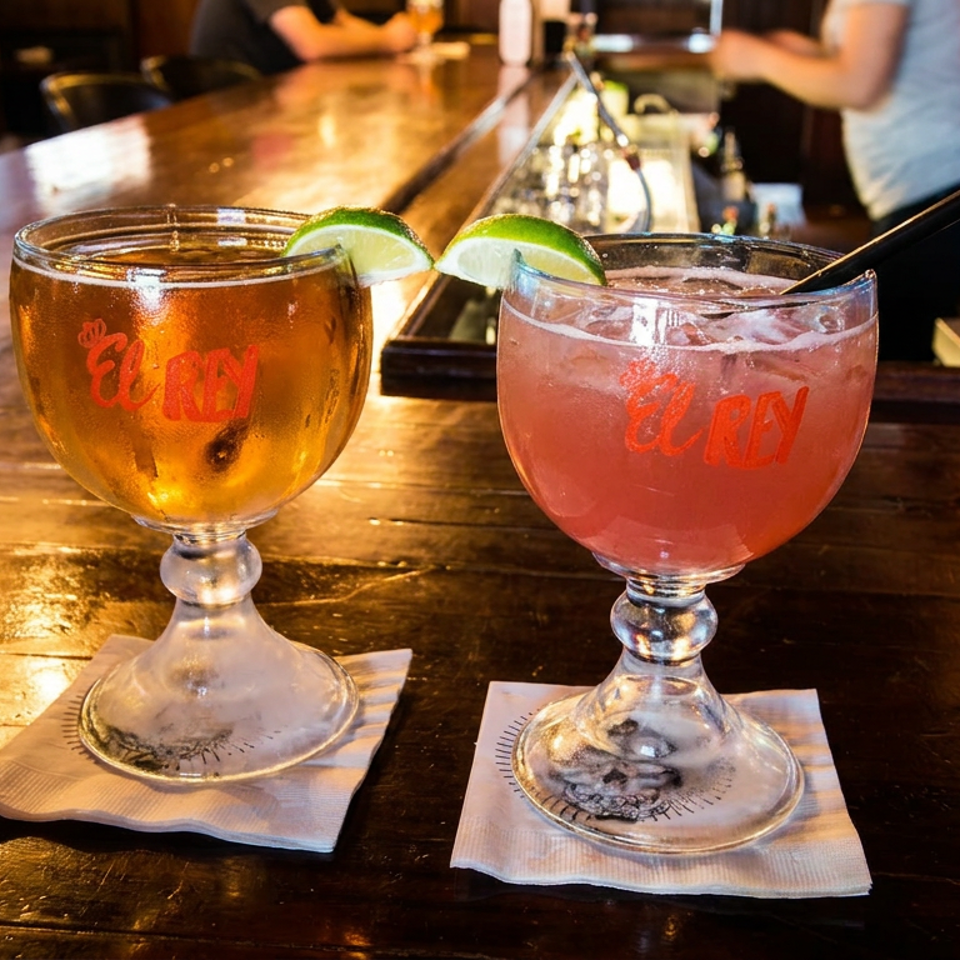 Two El Rey cocktails, one amber and one pink with lime wedges, sit on napkins at a warmly lit wooden bar.