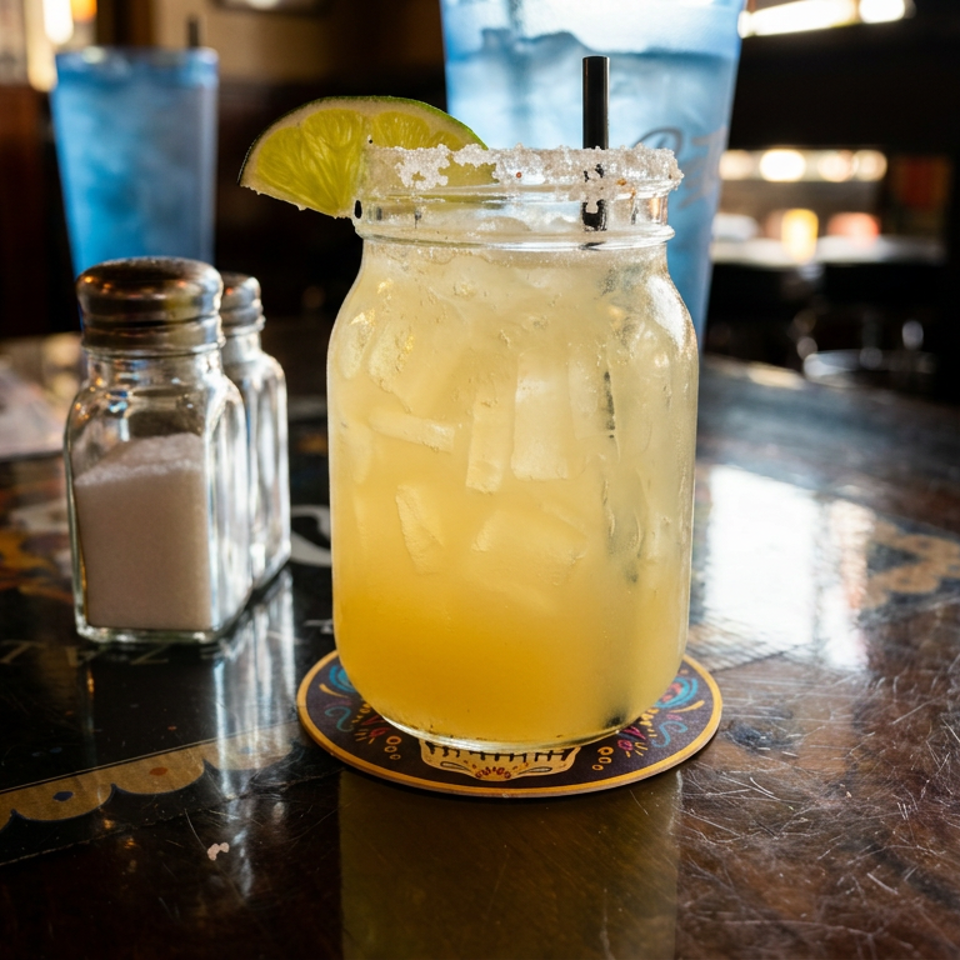 Margarita in a mason jar with a salted rim and lime wedge, set on a polished restaurant bar beside salt shakers.