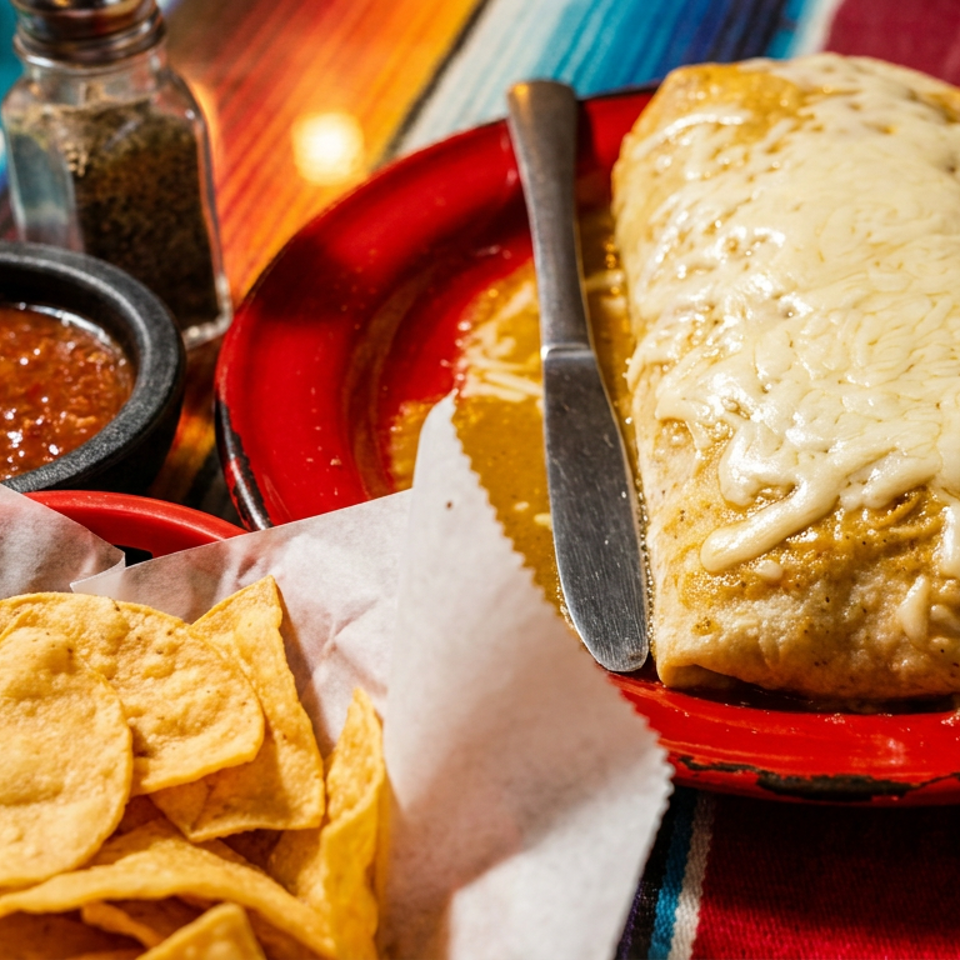 Cheese-covered burrito on a red plate with tortilla chips, salsa, and a colorful striped tablecloth.