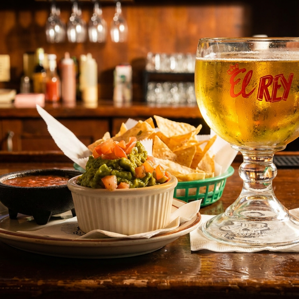 Guacamole, salsa, and tortilla chips sit beside a branded El Rey beer glass on a warmly lit wooden bar.