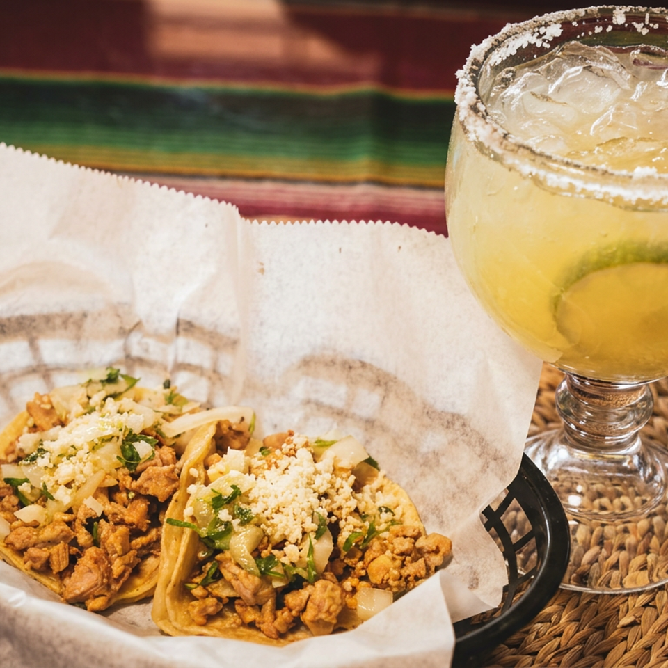 Two tacos topped with seasoned meat, onions, cilantro, and cheese beside an iced lime margarita with a salted rim.
