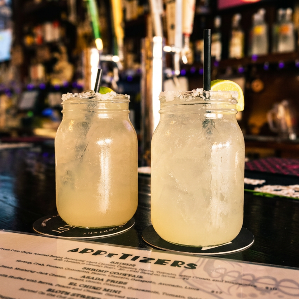 Two lime-garnished cocktails in mason jars sit on a dimly lit bar beside an appetizers menu.