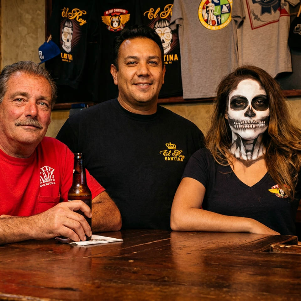 Three people pose at a rustic bar, including a woman wearing dramatic skull face paint and branded shirts displayed behind them.