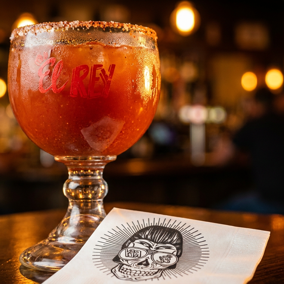 Salt-rimmed red cocktail in a branded goblet sits on a wooden bar beside a skull-illustrated napkin, with a warmly lit restaurant behind.