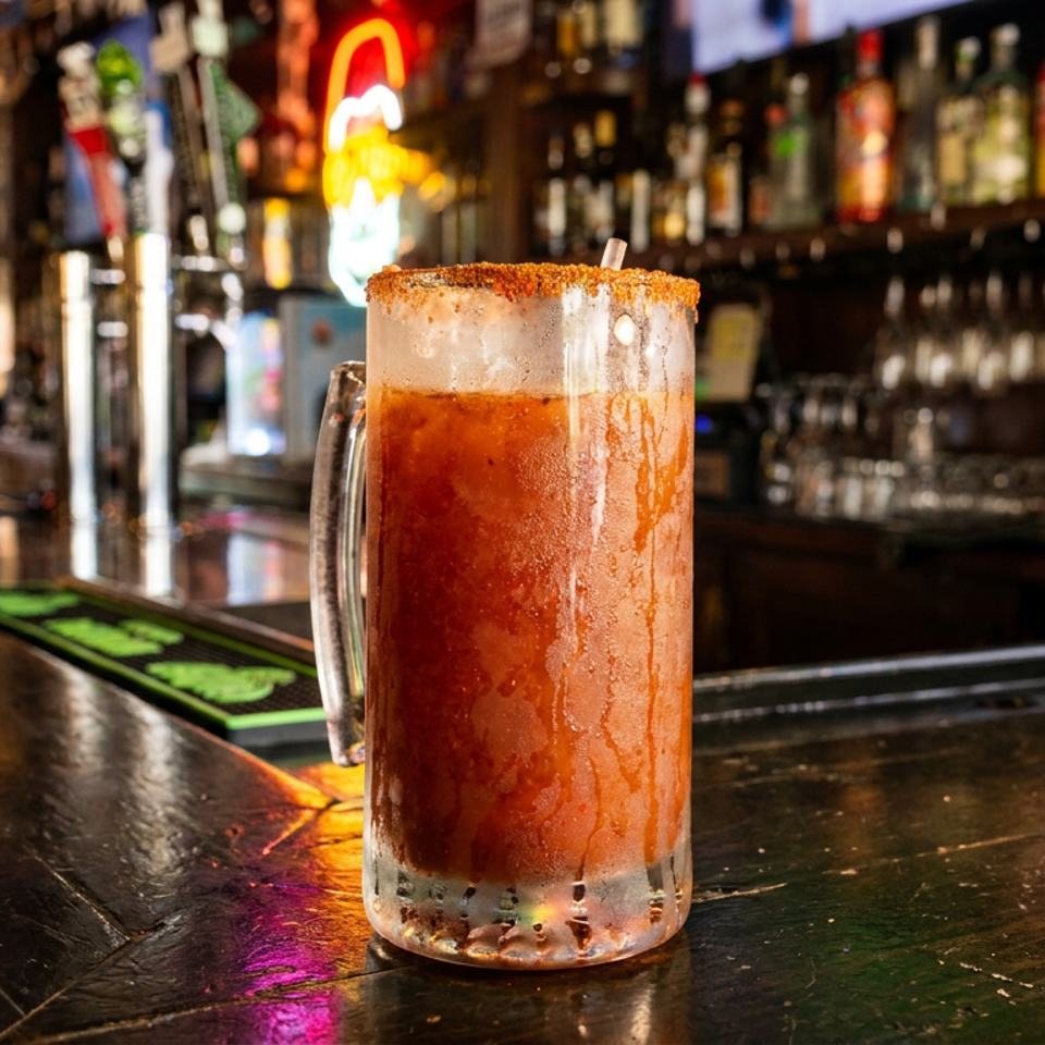 Spicy reddish beer cocktail with a chili-salt rim sits on a polished bar counter in a warmly lit pub.