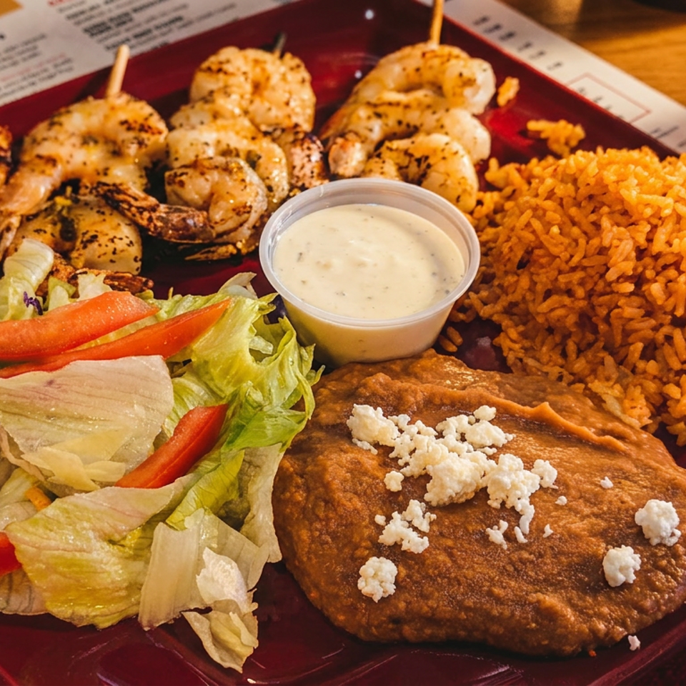 Platter of grilled shrimp, seasoned rice, salad, creamy dipping sauce, and a cheese-topped stuffed pastry.