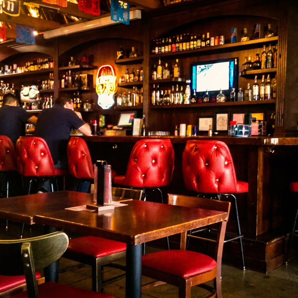 Warmly lit restaurant bar with red leather stools, wooden tables, liquor shelves, colorful bunting, and patrons seated at the counter.