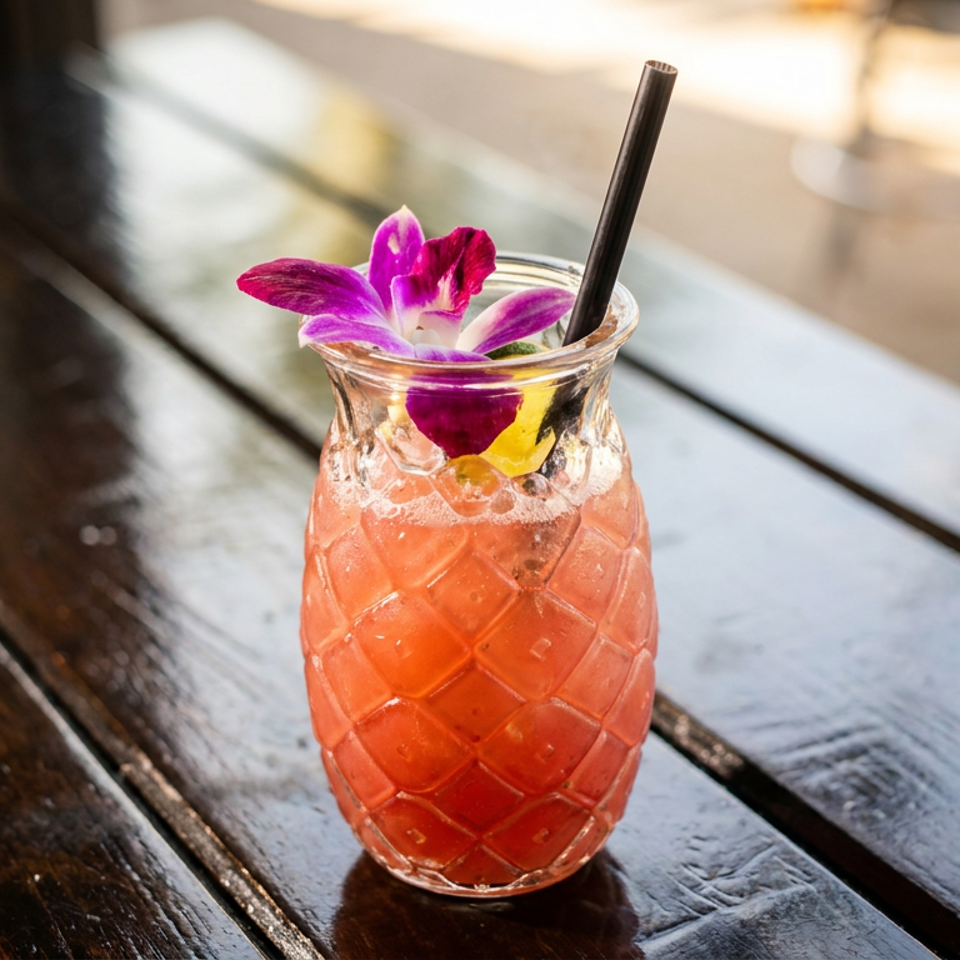 Pink tropical cocktail in a textured glass with ice, black straw, and purple orchid garnish on a wooden table.