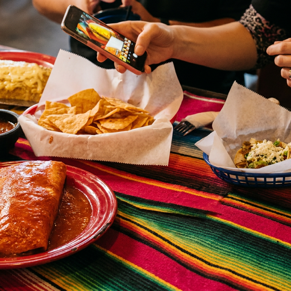 Mexican restaurant table with enchilada, tacos, tortilla chips, salsa, rice, and diners photographing the meal.