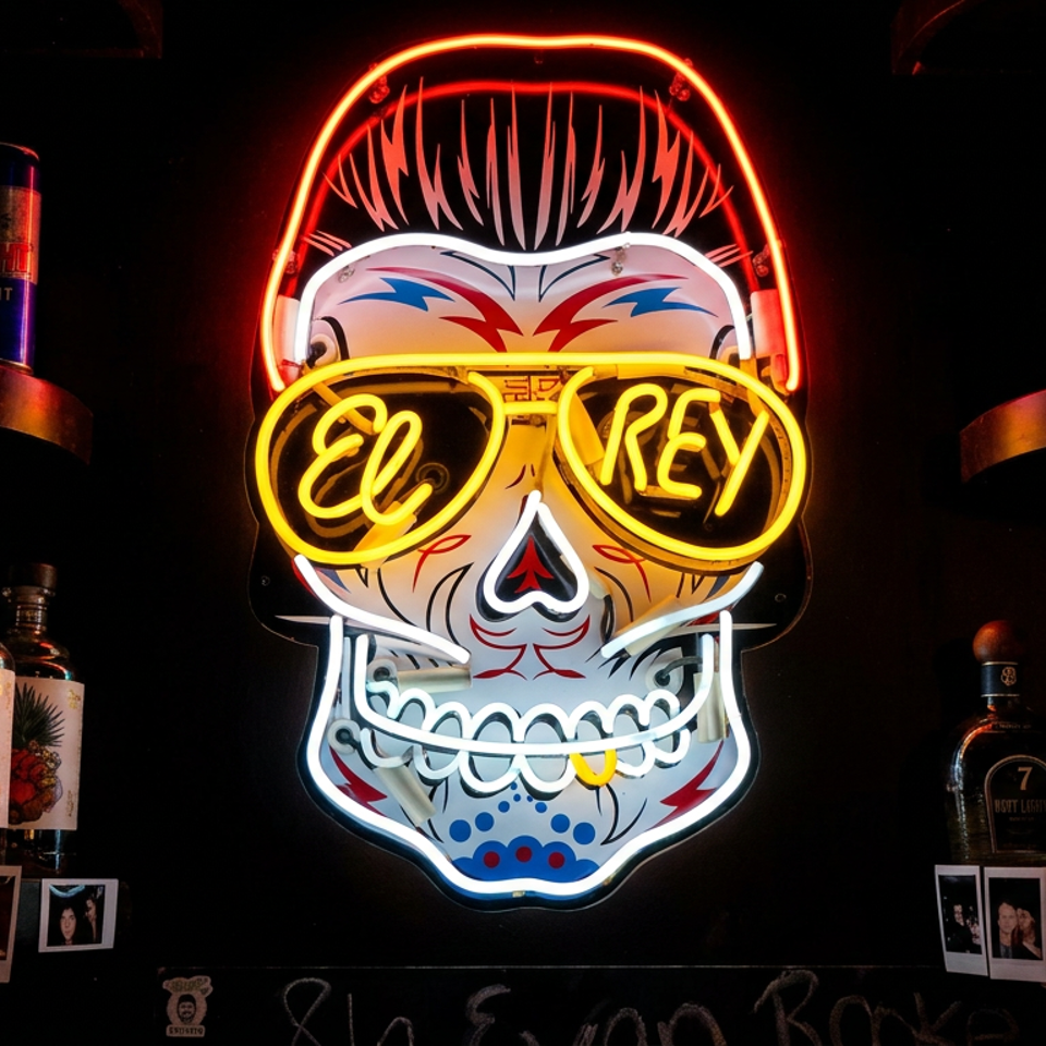 Colorful neon skull wearing sunglasses glows between liquor bottles and beer cans on dark bar shelves.